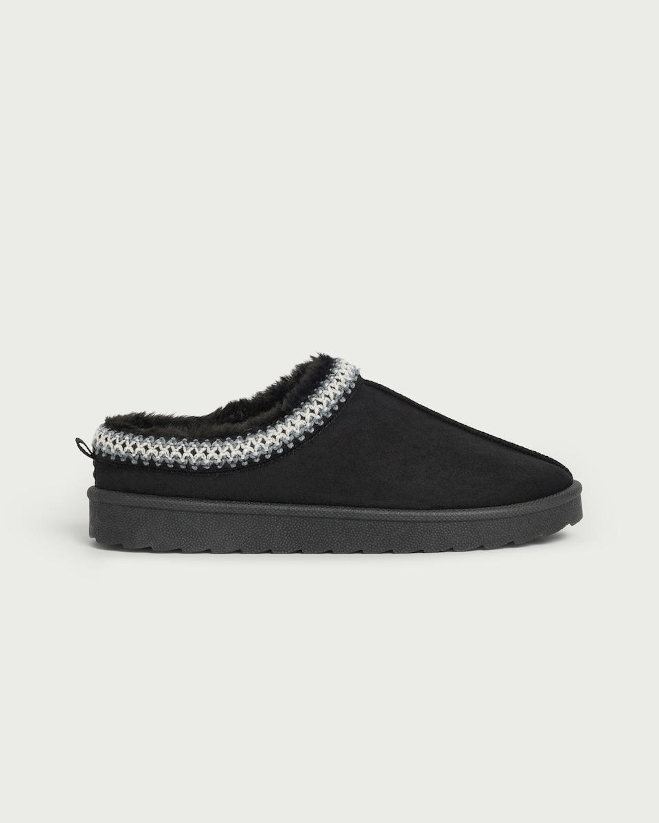 image 1 of F&F Faux Fur Lined Embroidered Mule Slippers in Black