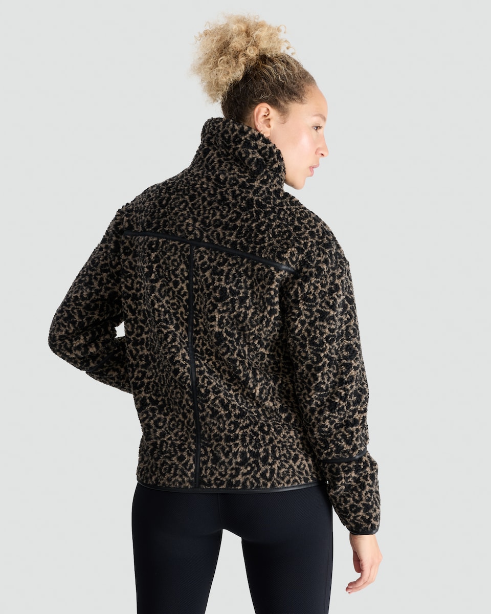 image 1 of F&F Active Fleece Leopard Print Zip Up Jacket in Multi Black