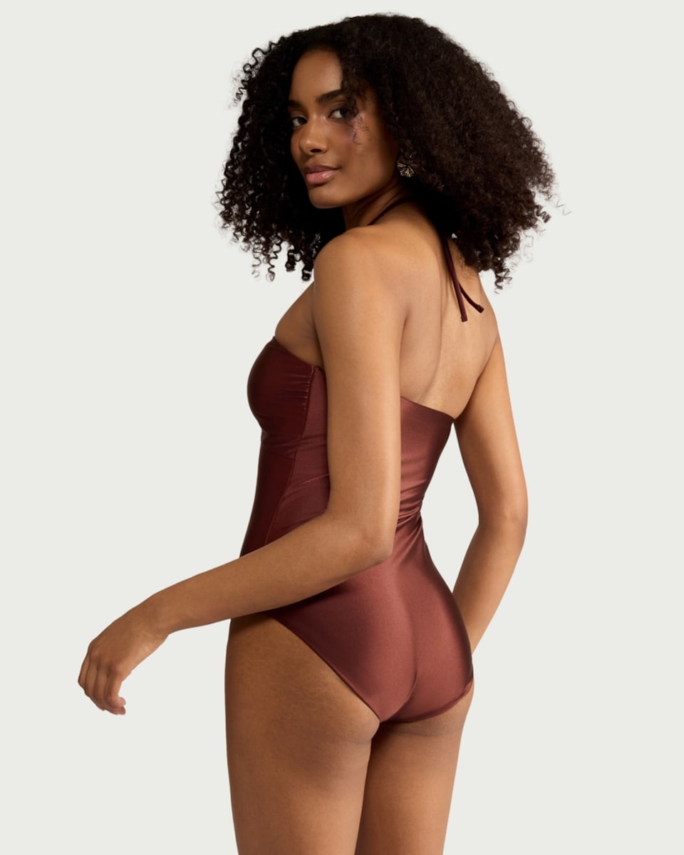 image 1 of F&F Halter Neck Embellished Bandeau Swimsuit in Chocolate