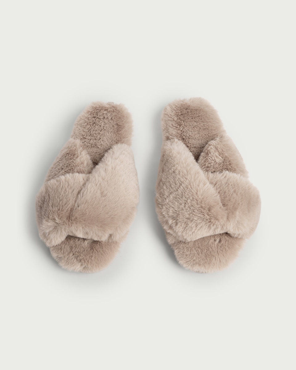 image 1 of F&F Faux Fur Crossover Slippers in Neutral