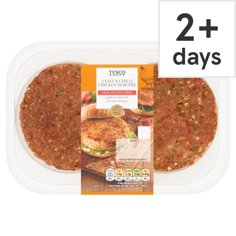 Tesco 2 Salt & Chilli Chicken Burgers 360g.