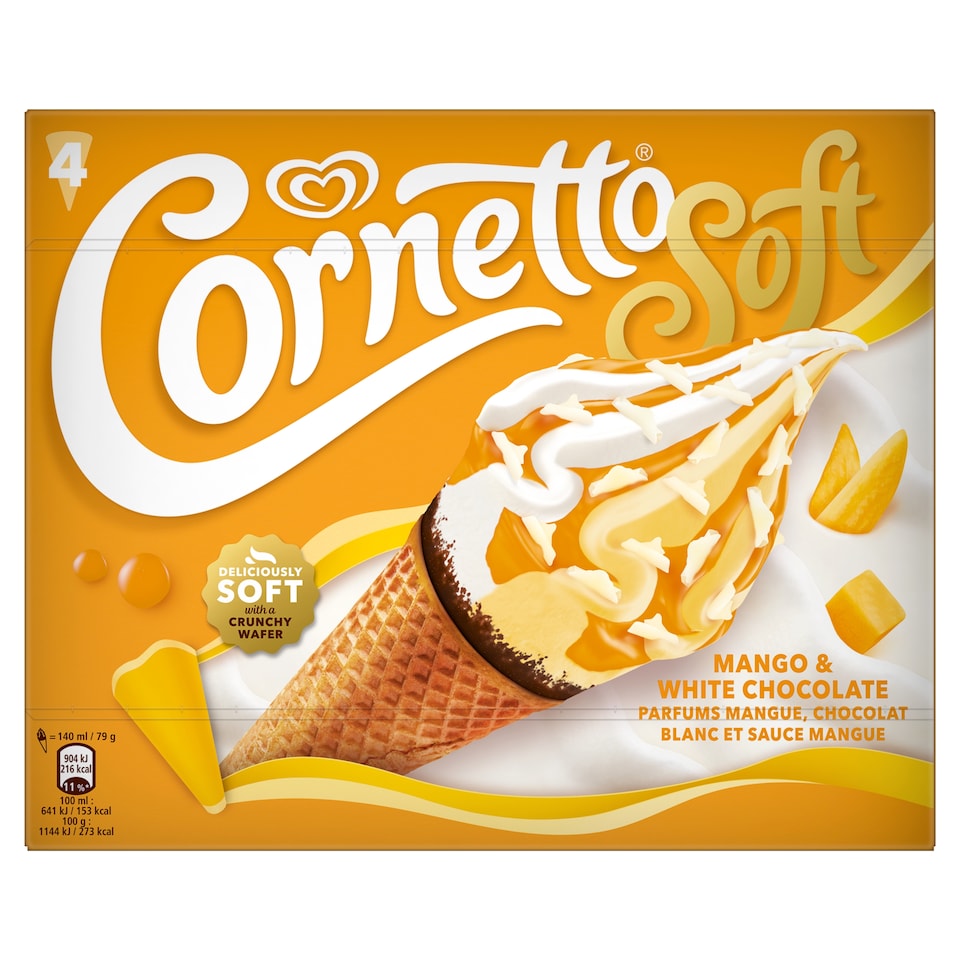 Cornetto Soft Mango & White Chocolate Ice Cream in Wafer Cone 4 x 140 ml (560 ml)