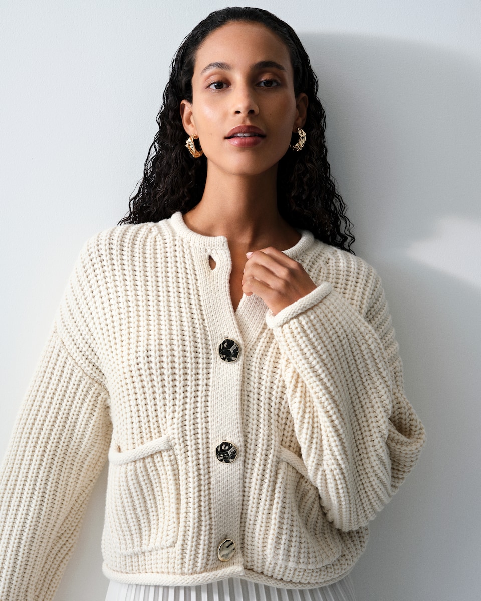 image 1 of F&F Gold Button Chunky Cardigan in Cream