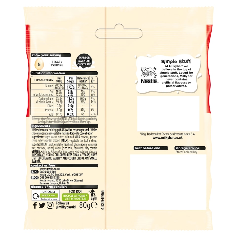 image 1 of Milkybar White Chocolate Mini Eggs 80G