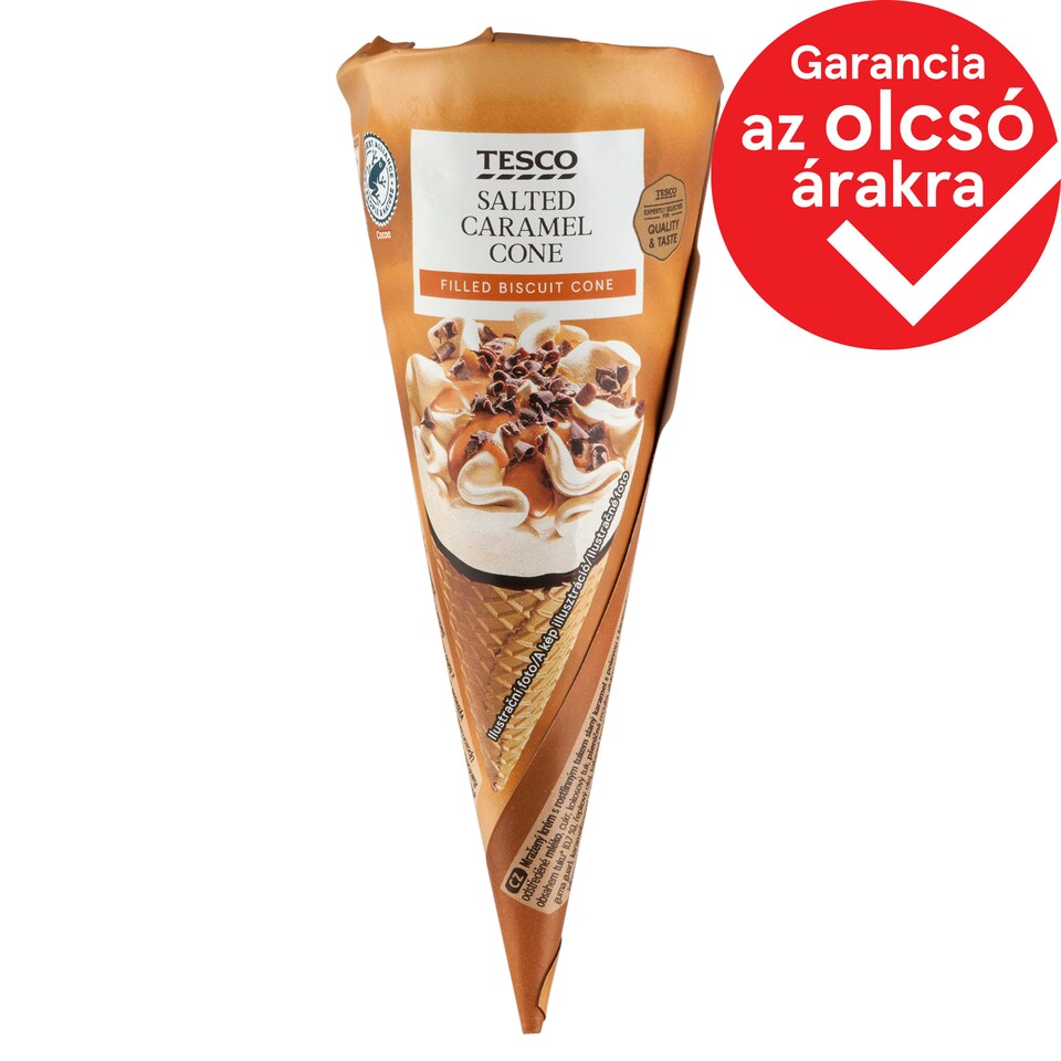 Tesco sós karamell ízű jégkrém karamellízű öntettel kakaós bevonóval bevont ostya tölcsérben 120 ml