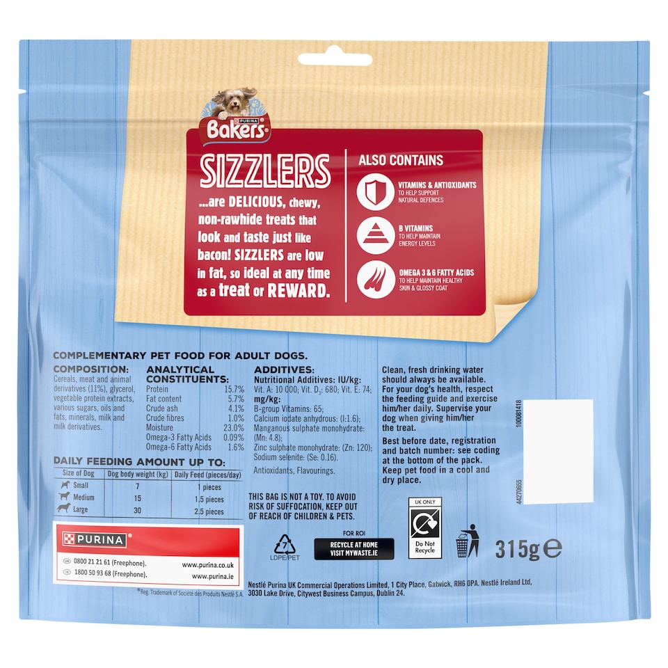 image 1 of Bakers Sizzlers Meaty Treats - Bacon Flavour 315g