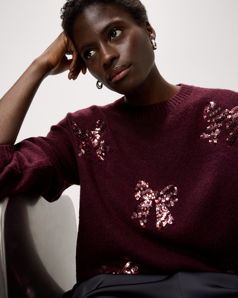 image 1 of F&F Sequin Bow Jumper in Burgundy