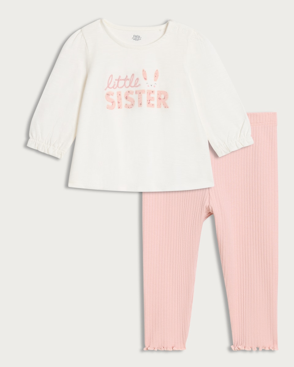 image 1 of F&F Baby 2-Piece Cotton Rich Little Sister Top and Leggings Set in Cream