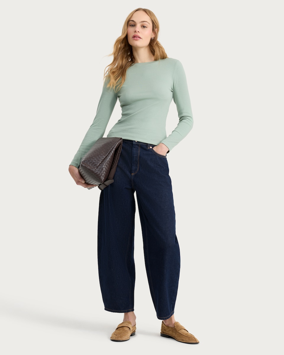 image 1 of F&F Cotton Rich Crew Neck Long Sleeved Top in Green