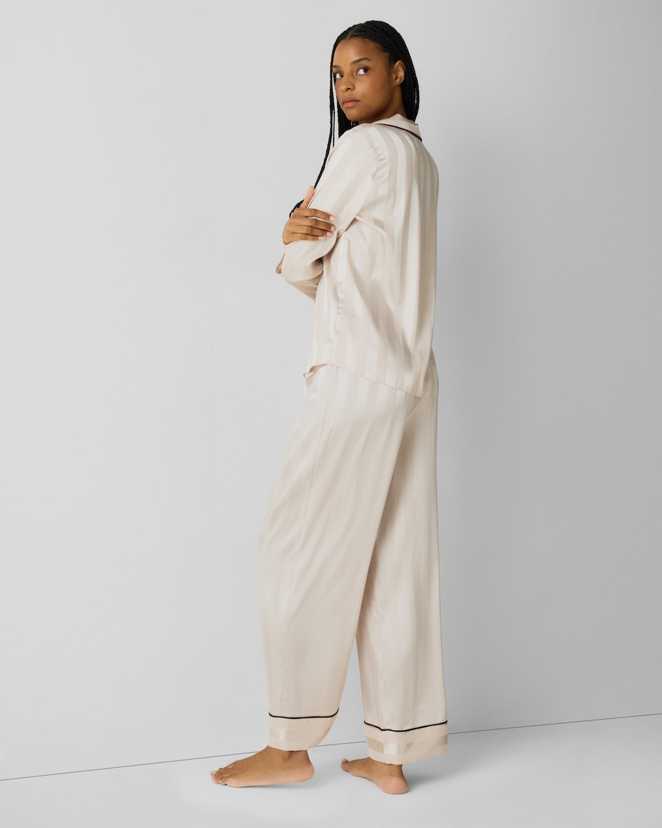 image 1 of F&F CoolEase™ Satin Jacquard Striped Pyjama Set in Cream