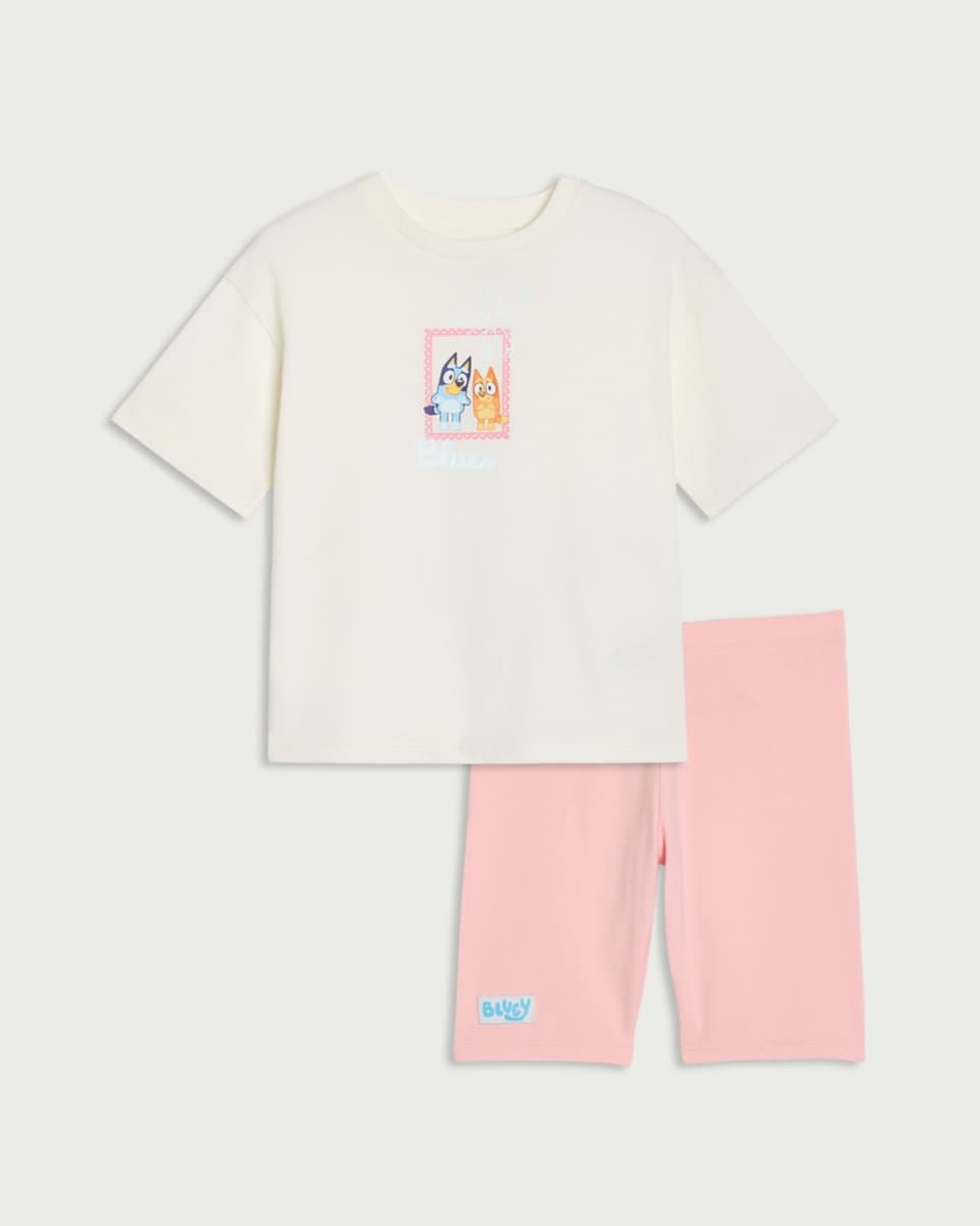 image 1 of Bluey 2-Piece Cotton Rich T-Shirt and Cycling Shorts Set in Multi Pink