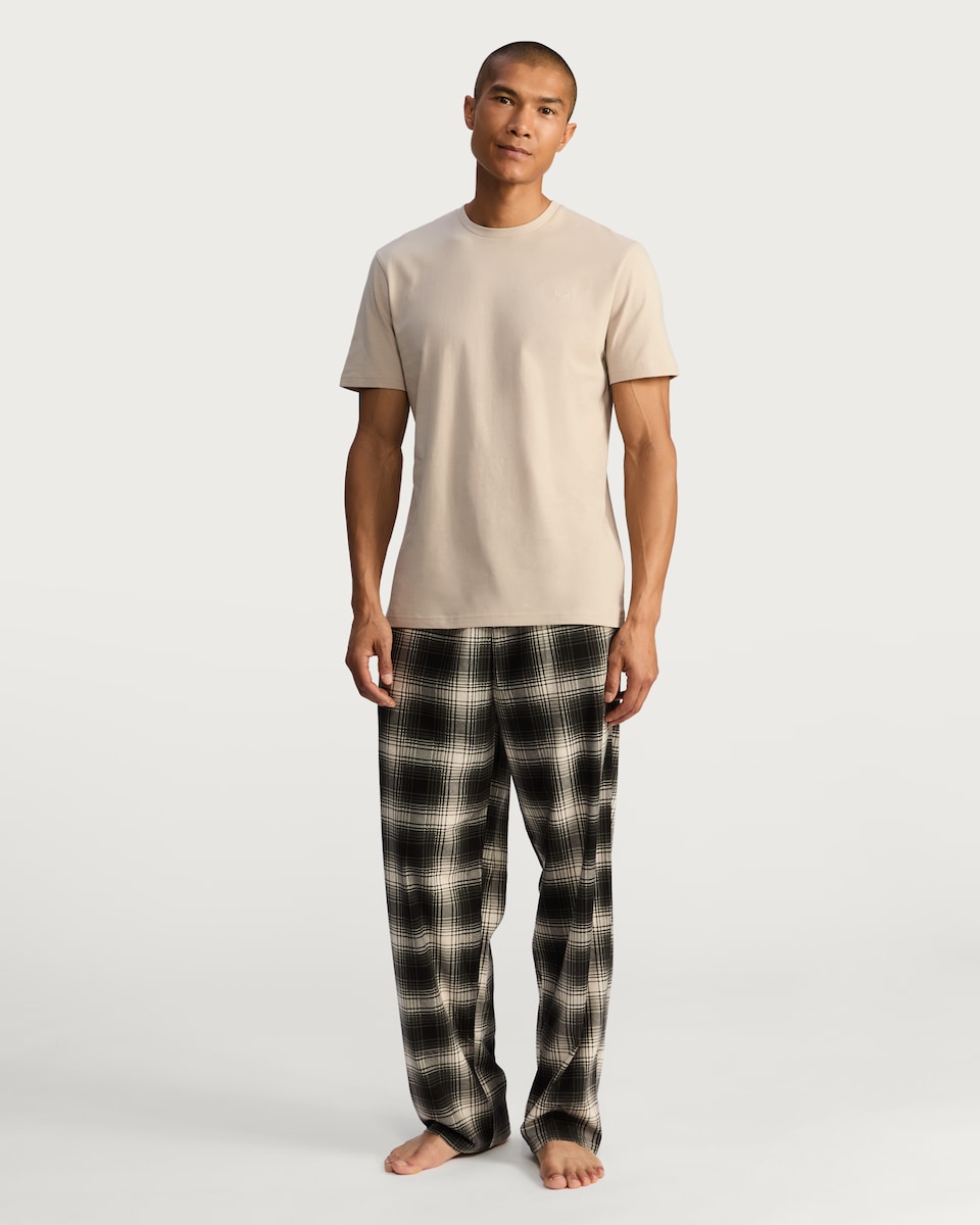 image 1 of F&F Check Print Fleece Bottom Pyjama Set in Stone