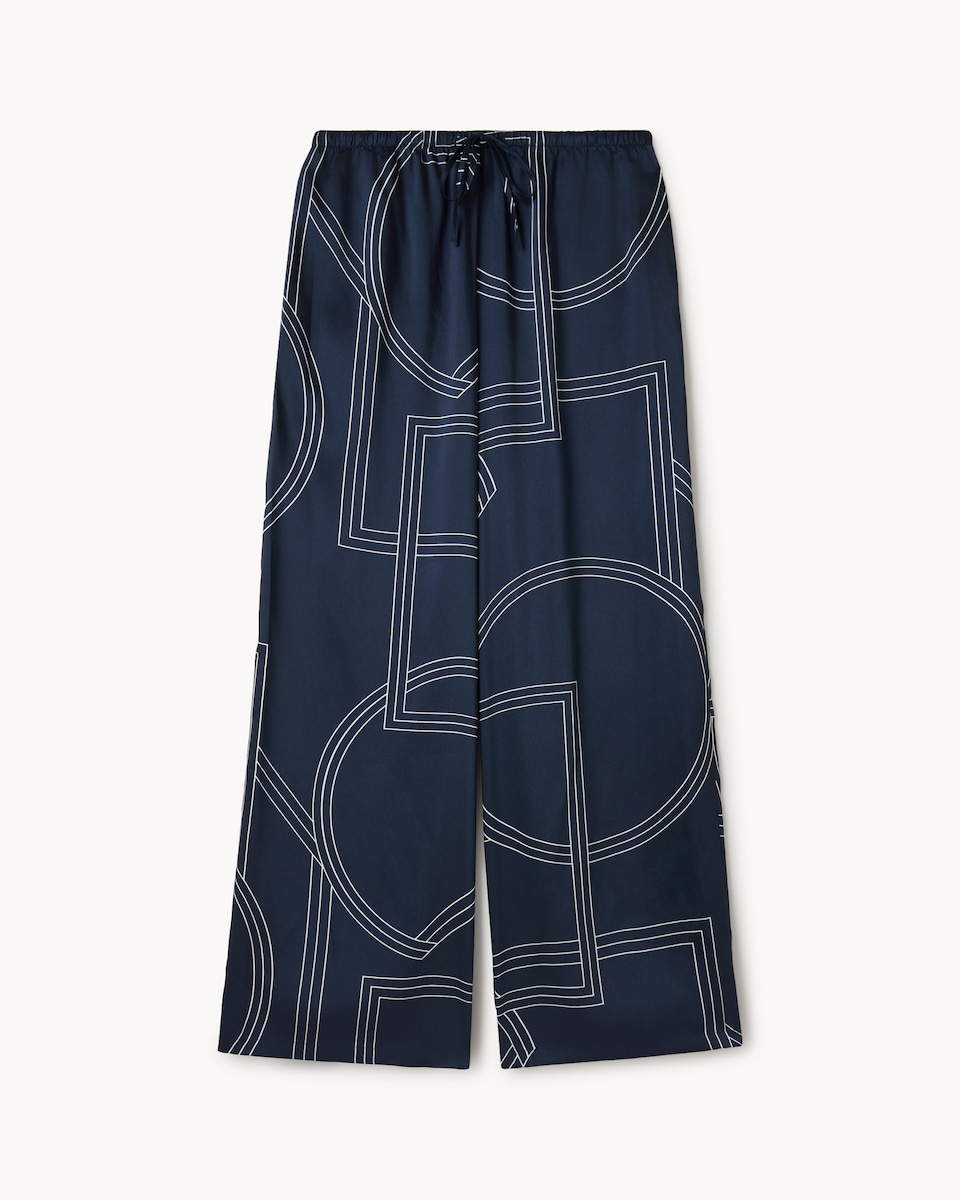 image 1 of F&F Satin Geometric Print Co-ord Trousers in Navy