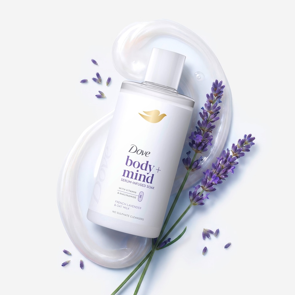 image 1 of Dove Body + Mind French Lavender & Oat Milk Bath Soak 400ml