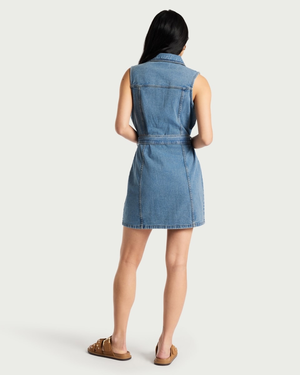 image 1 of F&F Pure Cotton Sleeveless Belted Denim Dress in Blue