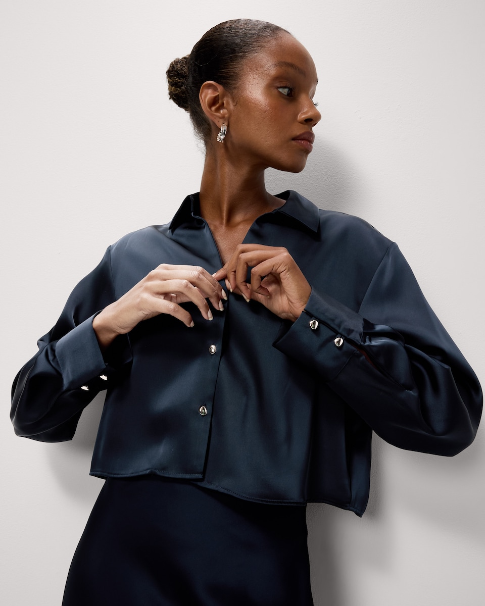 image 1 of F&F Satin Cropped Shirt in Navy
