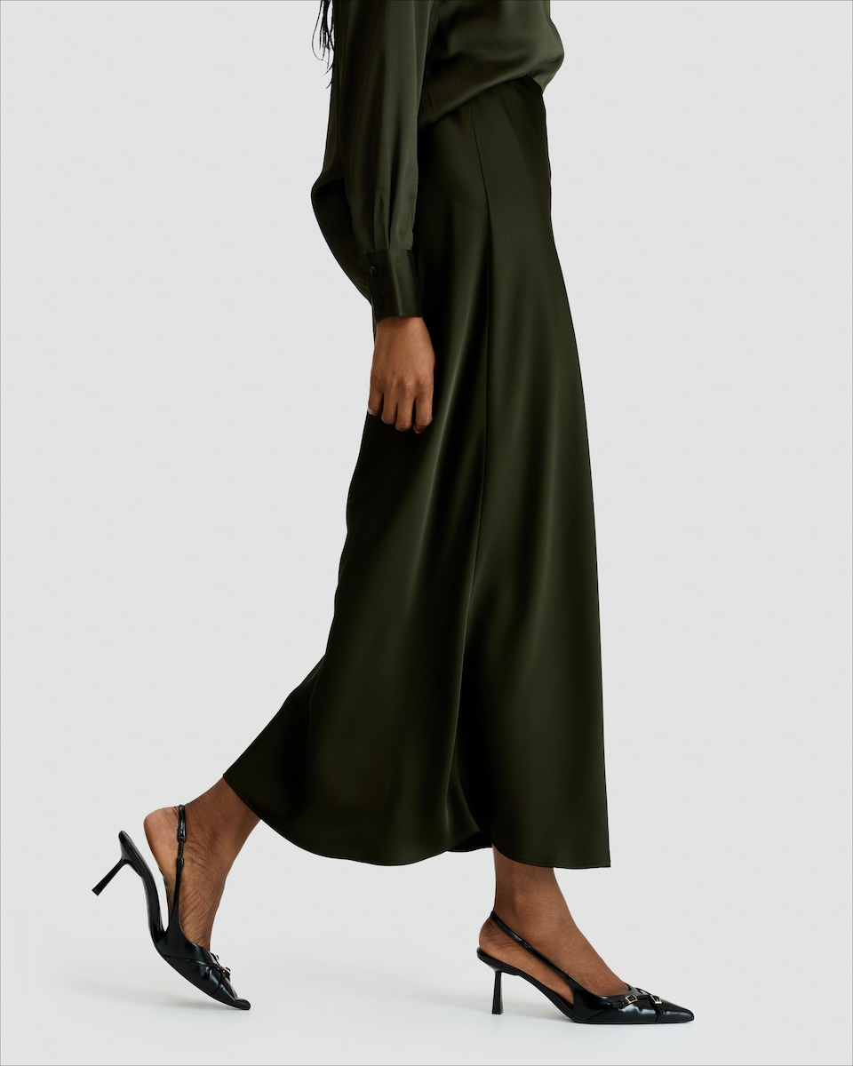 image 1 of F&F Satin Bias Cut Midi Slip Skirt in Green