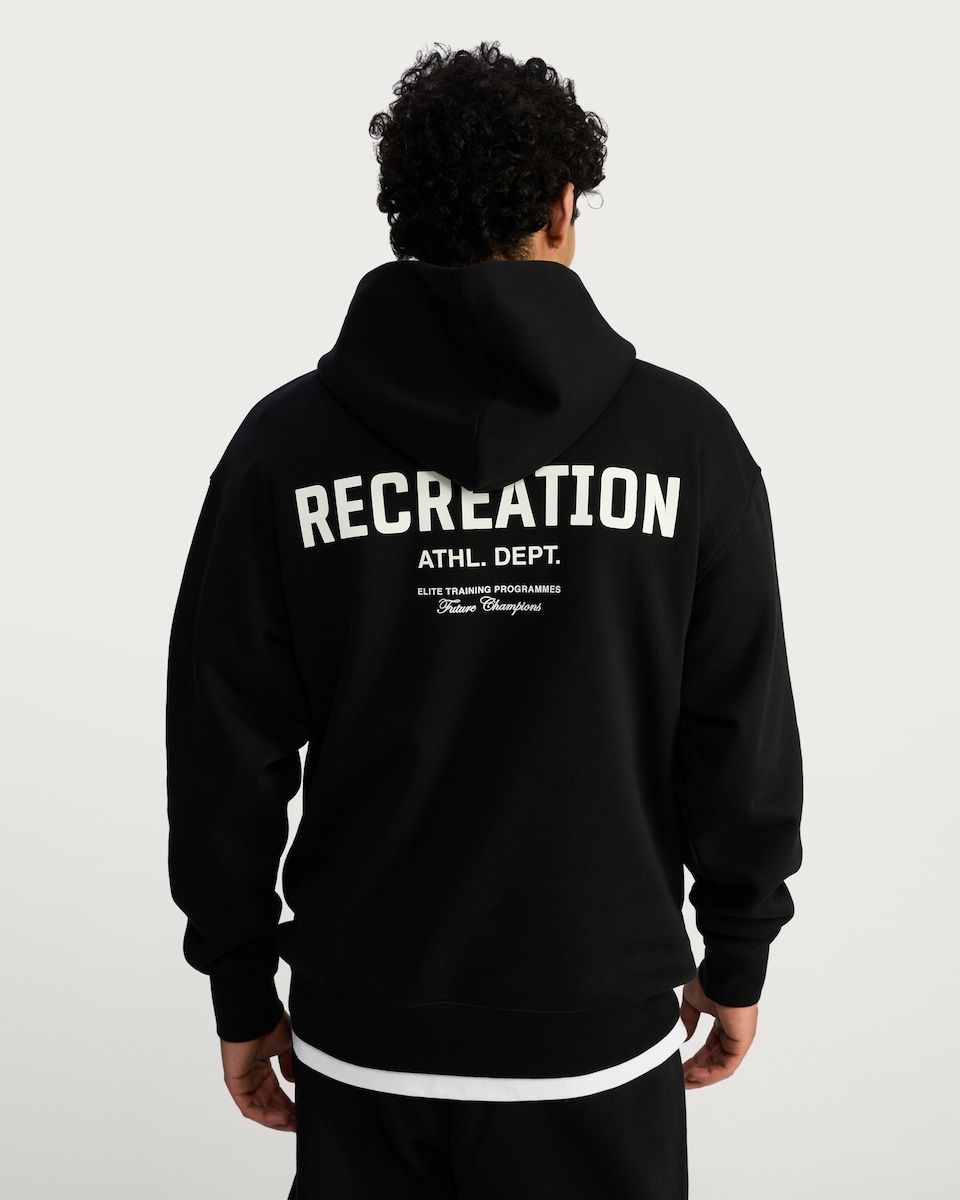 image 1 of F&F Cotton Rich Recreation Athl. Dept. Slogan Hoodie in Black