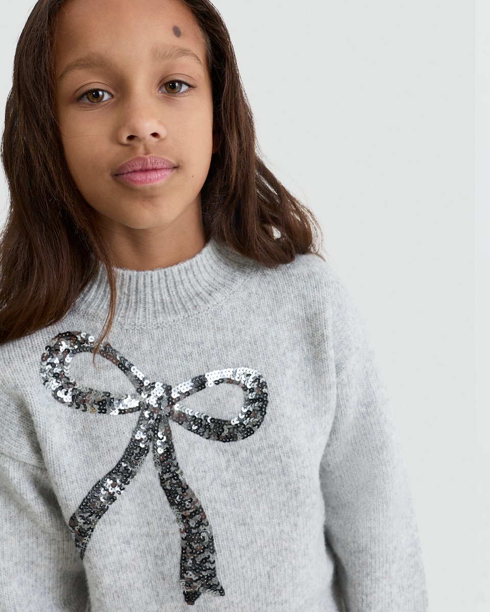 image 1 of F&F Girls Textured Sequin Bow Jumper in Grey