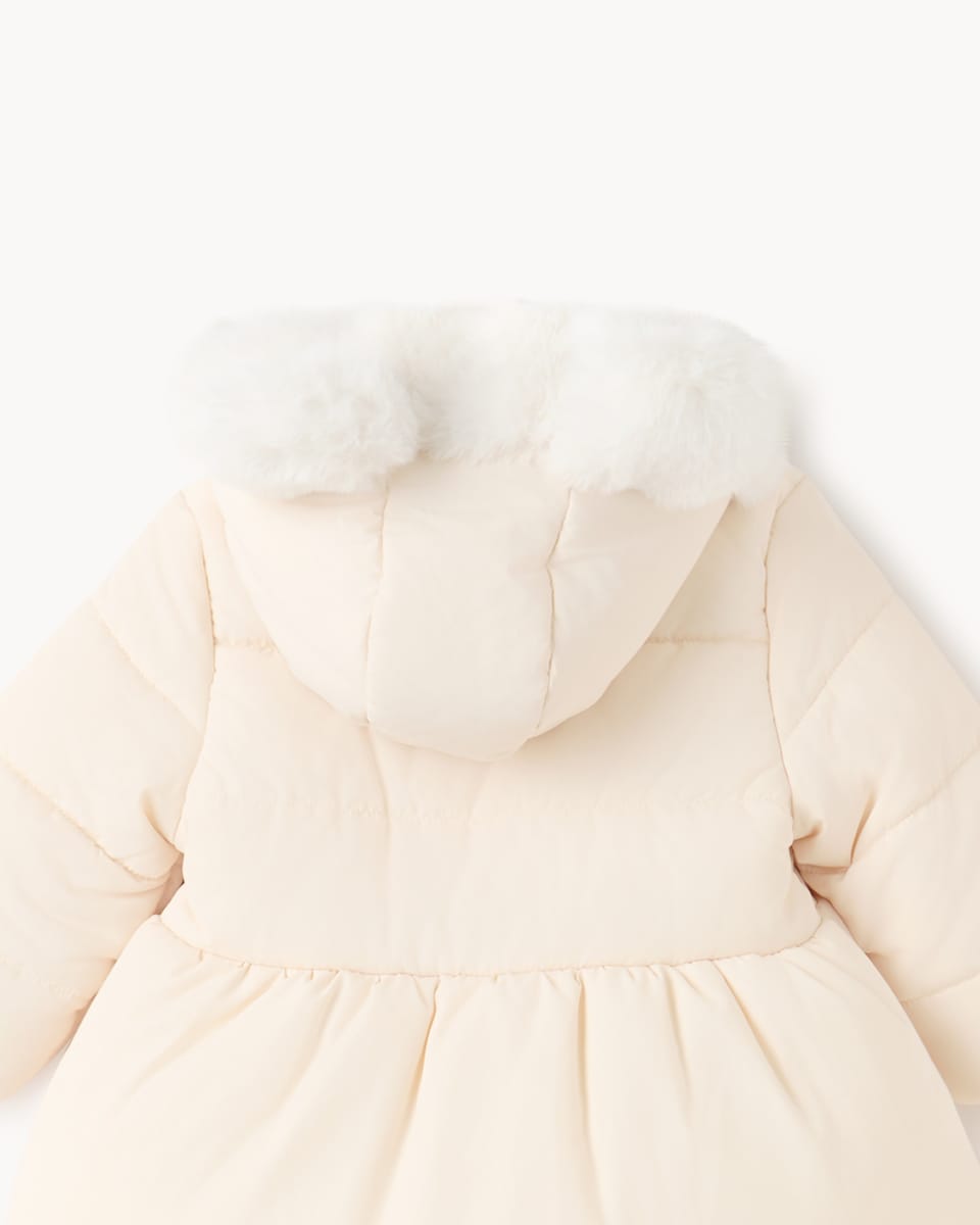 image 1 of F&F Baby Hooded Peplum Puffer Jacket in Cream