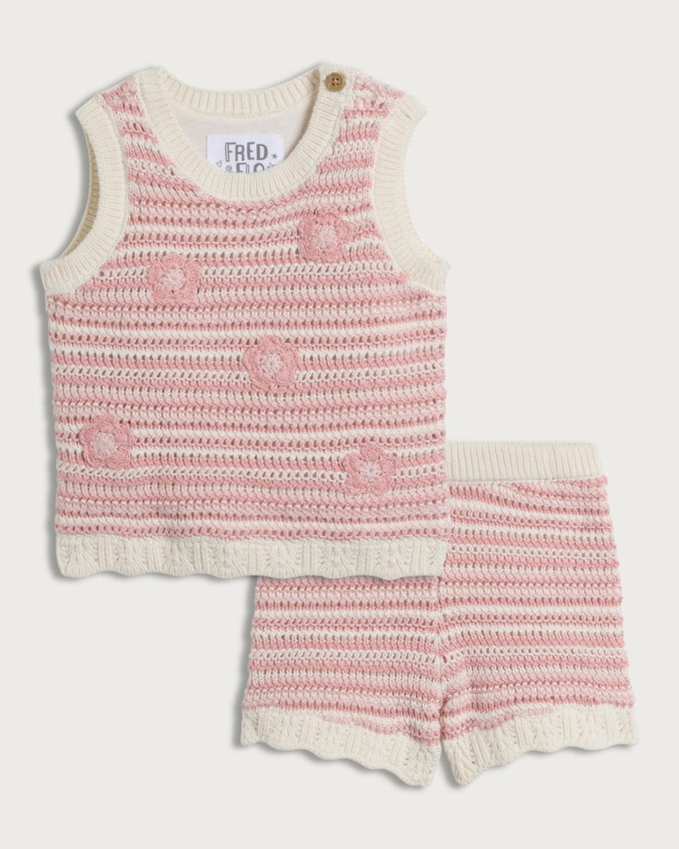 F&F Baby 2-Piece Pure Cotton Knitted Striped Vest and Shorts Set in Pink