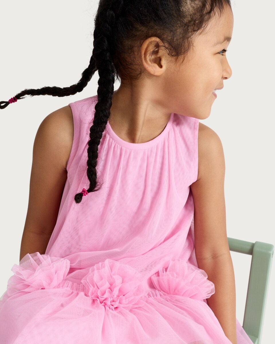 image 1 of F&F Girls Tulle Flower Trim Sleeveless Dress in Pink