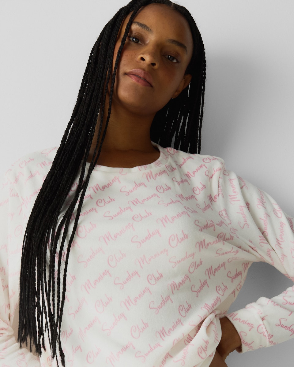 image 1 of F&F Fleece Sunday Morning Club Pyjama Set in Cream