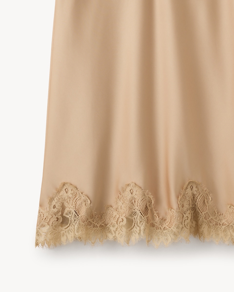 image 1 of The F&F Edit Satin Lace Trim Co-ord Midi Skirt in Camel