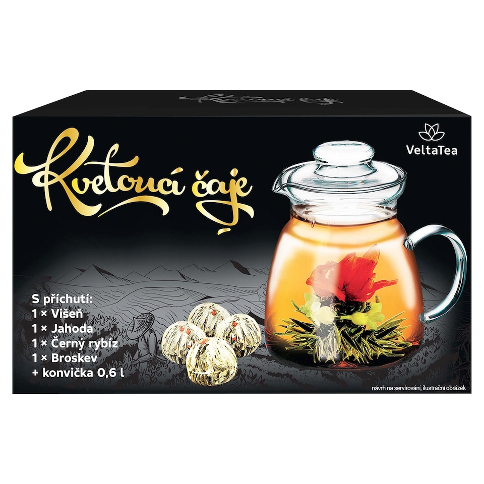 VeltaTea Dárková kazeta zelené čaje aromatizované s květinou 4 x 6g (24g) + skleněná konvička