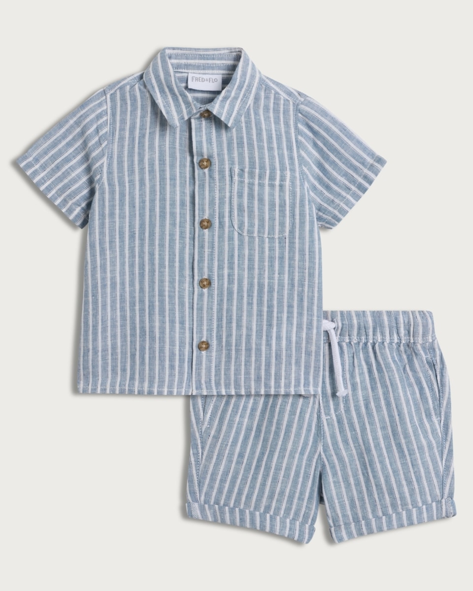 F&F Baby 2-Piece Linen Rich Striped Shirt and Shorts in Blue