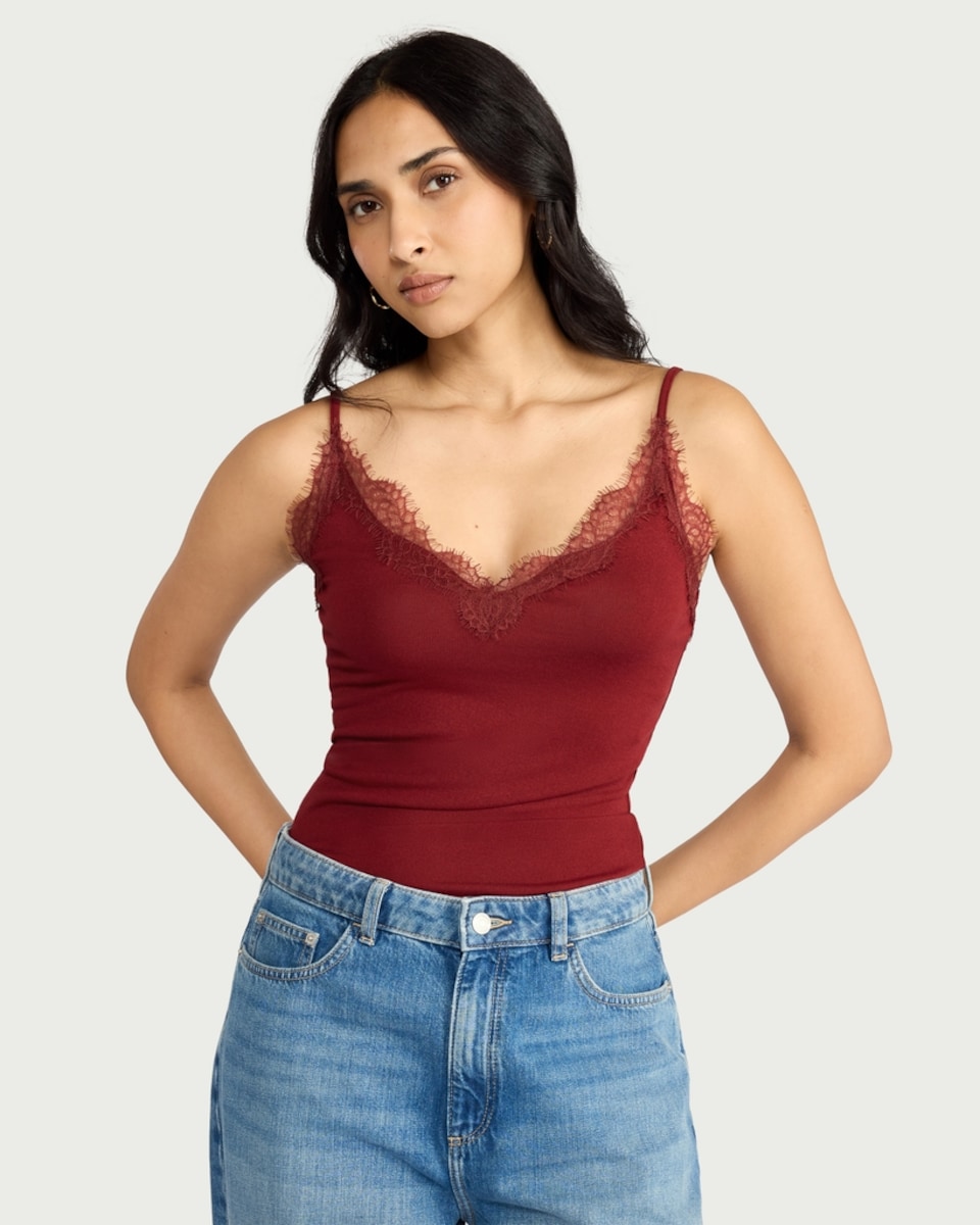 image 1 of F&F Lace Trim Strappy Vest in Burgundy