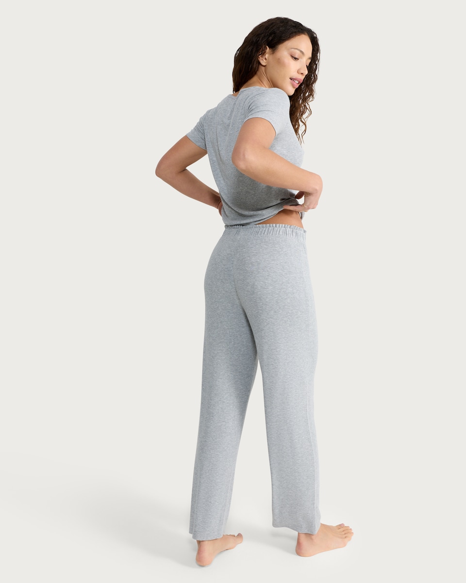 image 1 of F&F CoolEase™ Ribbed Wide Leg Drawstring Pyjama Bottoms in Grey