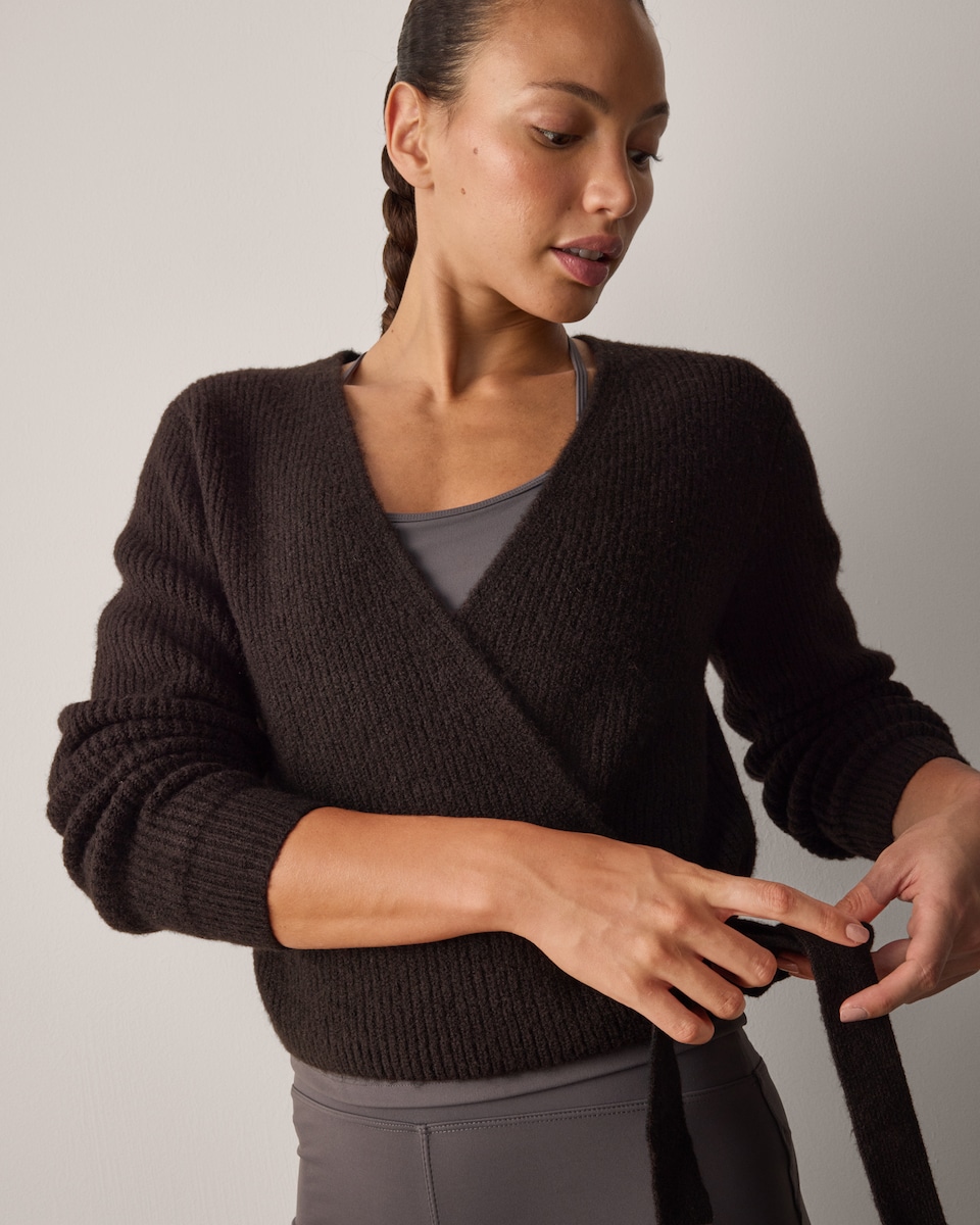image 1 of F&F Active ULTRASTRETCH Knitted Wrap Long Sleeved Cardigan in Chocolate