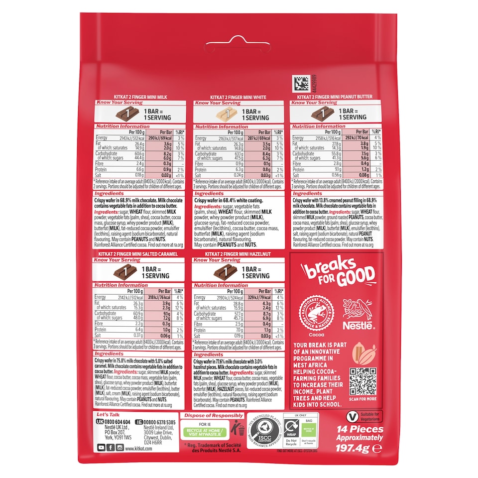 image 1 of KitKat 2 Finger Mini Mix Chocolate Biscuit Bars Multipack 14 Pack 197.4g