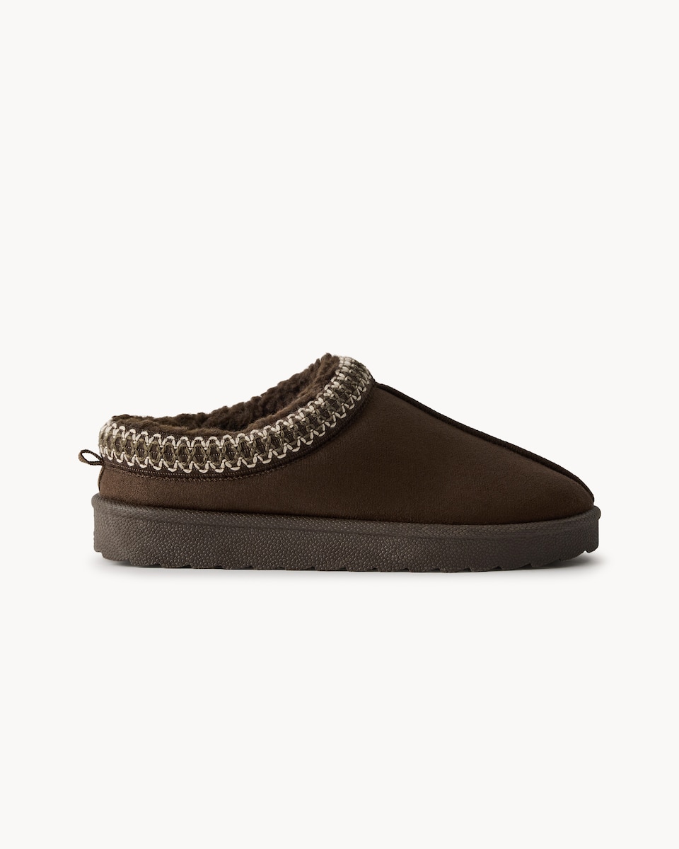 image 1 of F&F Girls Faux Fur Lined Embroidered Mule Slippers in Chocolate