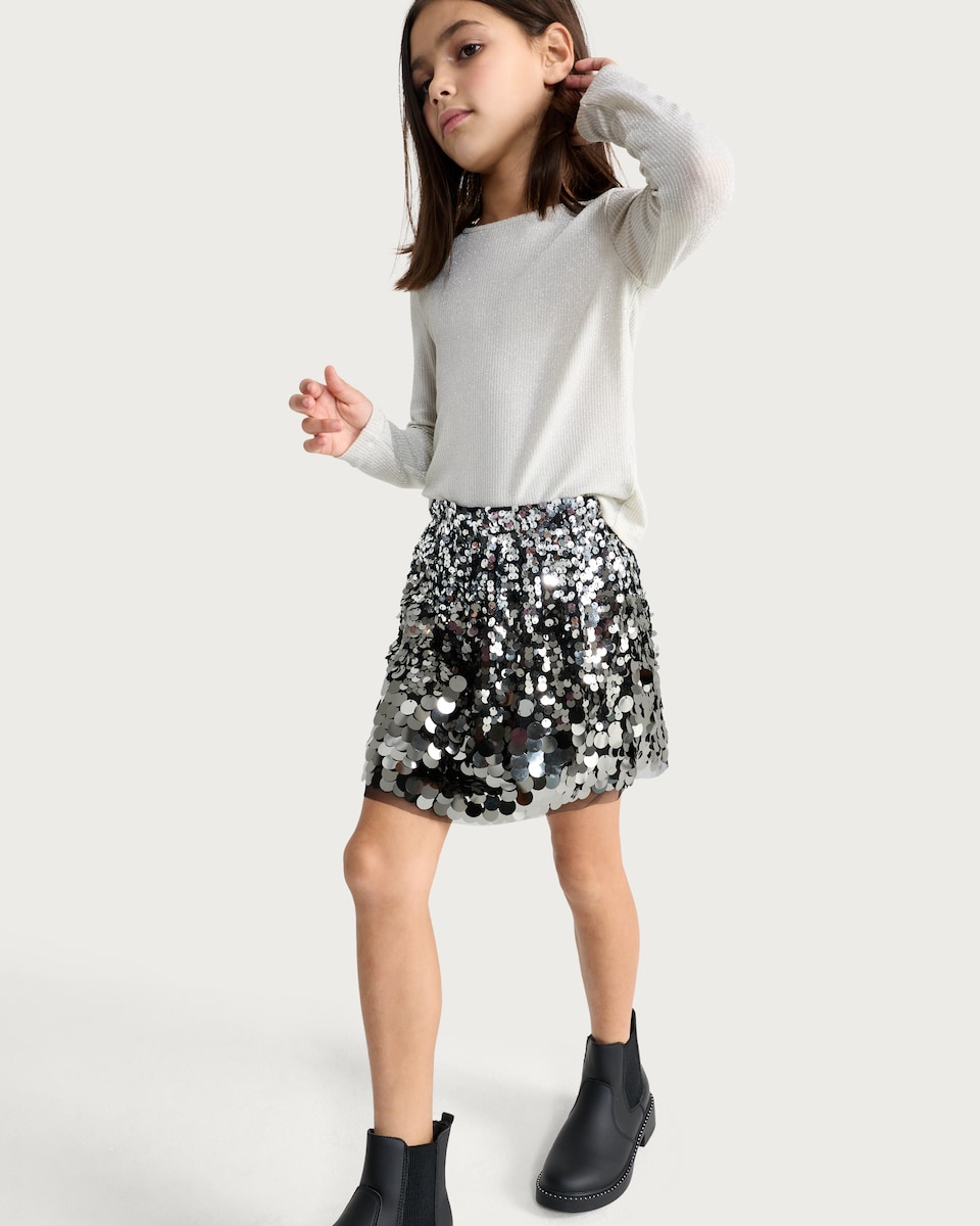 image 1 of F&F Girls Chunky Sequin Embellished Mini Skirt in Silver