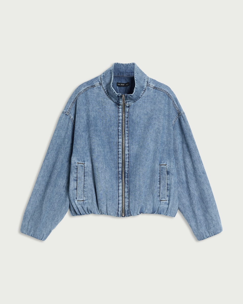 image 1 of F&F Funnel Neck Bubble Hem Denim Jacket in Blue