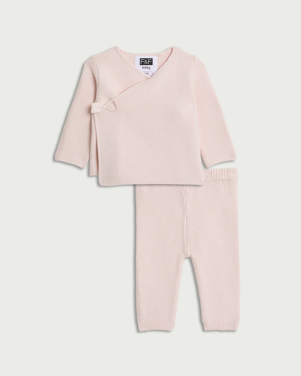 image 1 of F&F Baby 2-Piece Pure Cotton Knitted Wrap Cardigan and Leggings Set in Pink