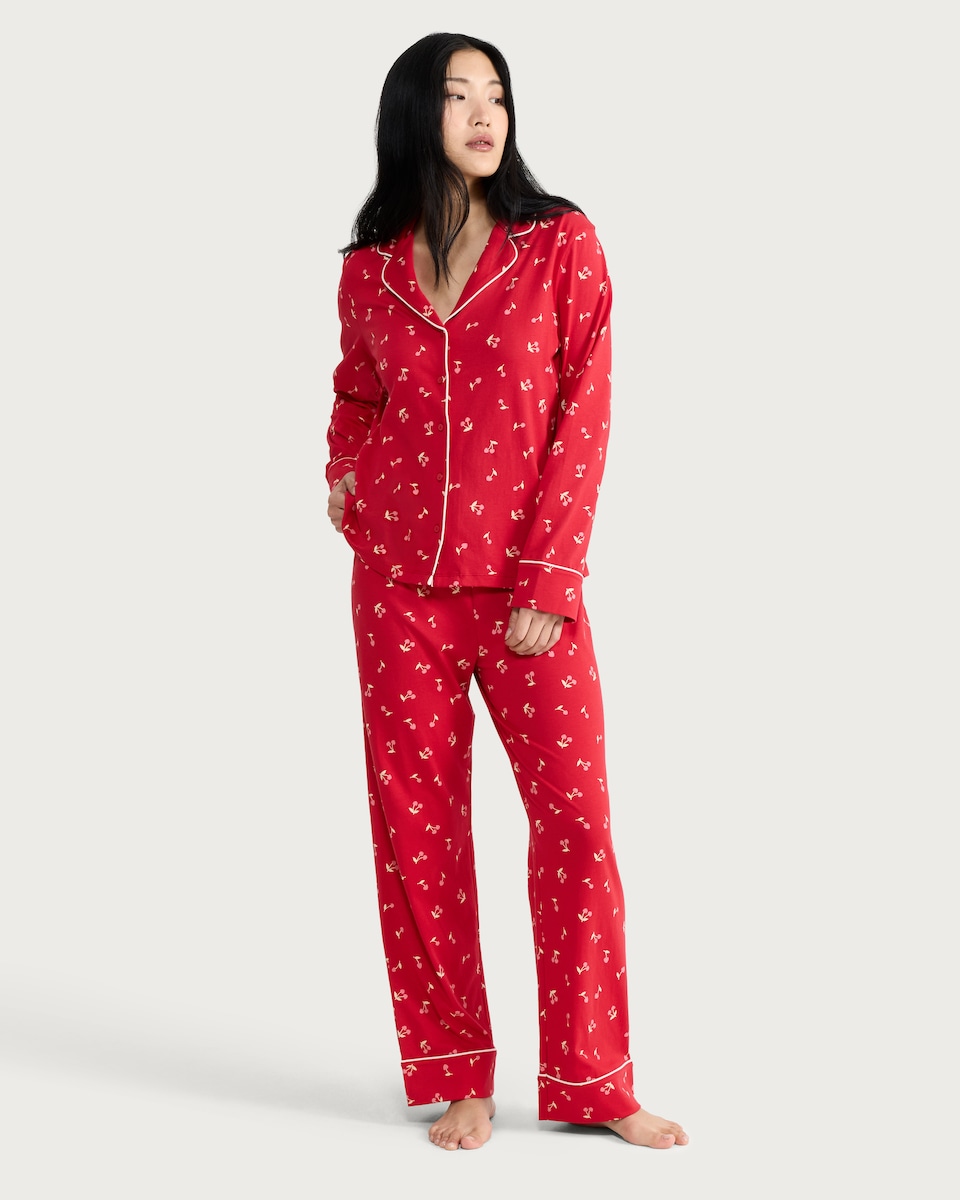 image 1 of F&F Pure Cotton Cherry Print Revere Pyjama Set in Multi Red