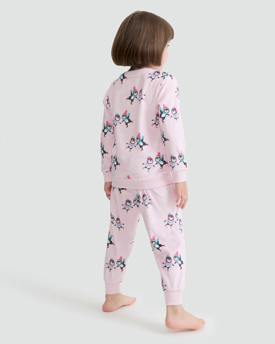 image 1 of F&F Girls Minky Fleece Penguin Print Pyjama Set in Pink