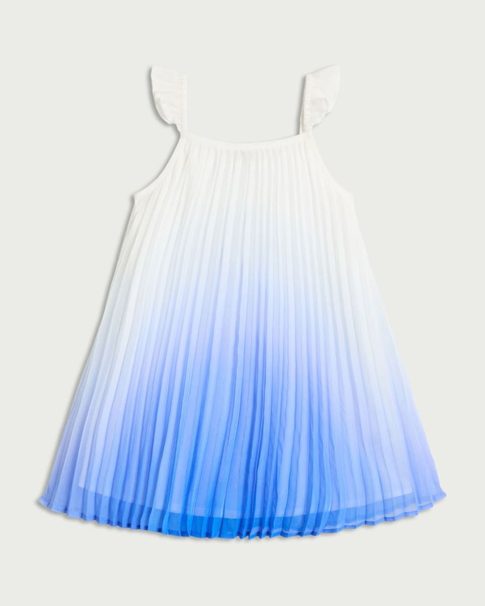 image 1 of F&F Girls Pleated Ombre Ruffle Strap Dress in Blue