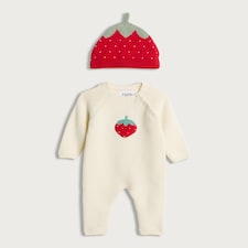 F&F Baby 2-Piece Pure Cotton Knitted Strawberry Romper and Hat Set in White