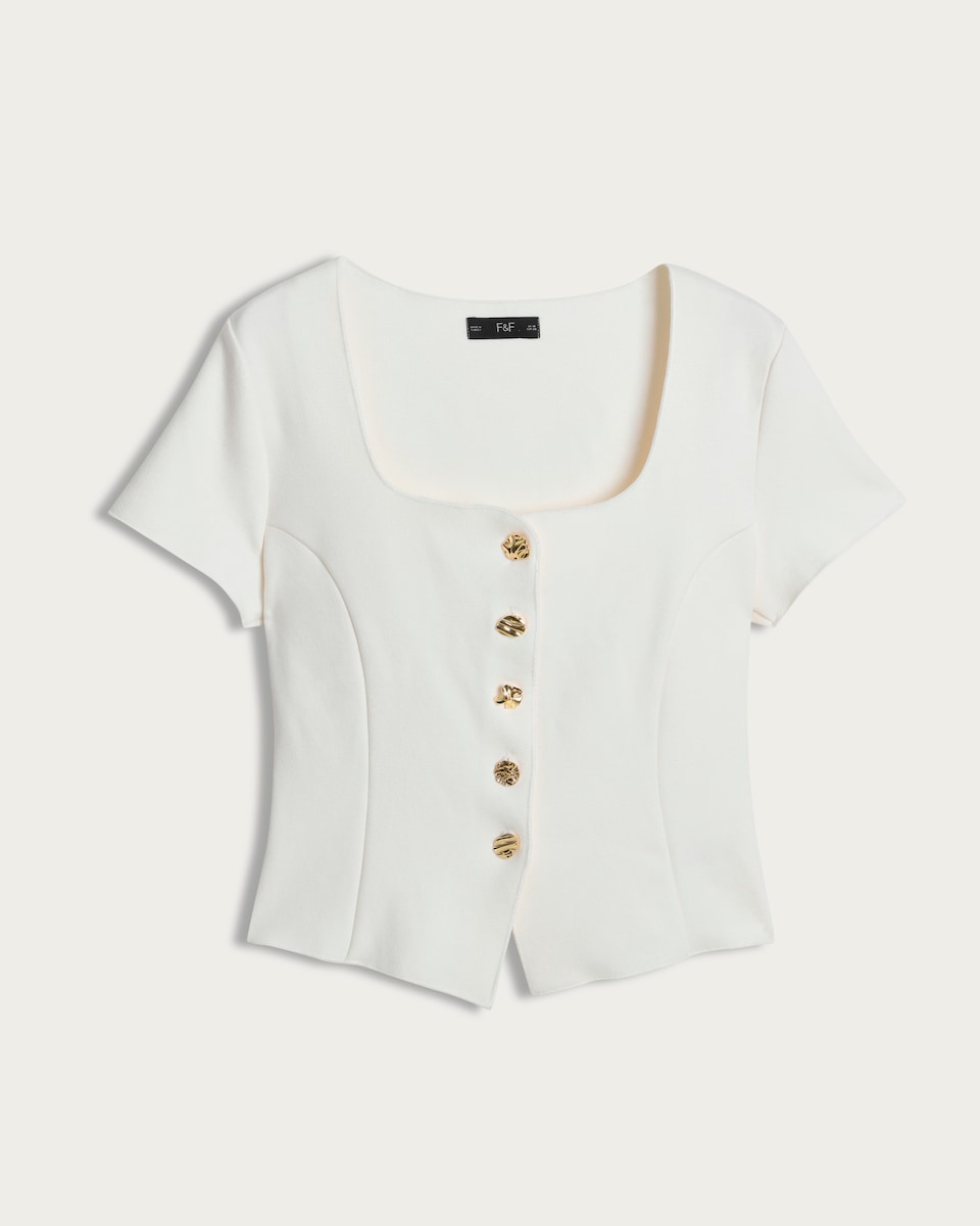 image 1 of F&F Square Neck Buttoned Short Sleeved Top in Cream