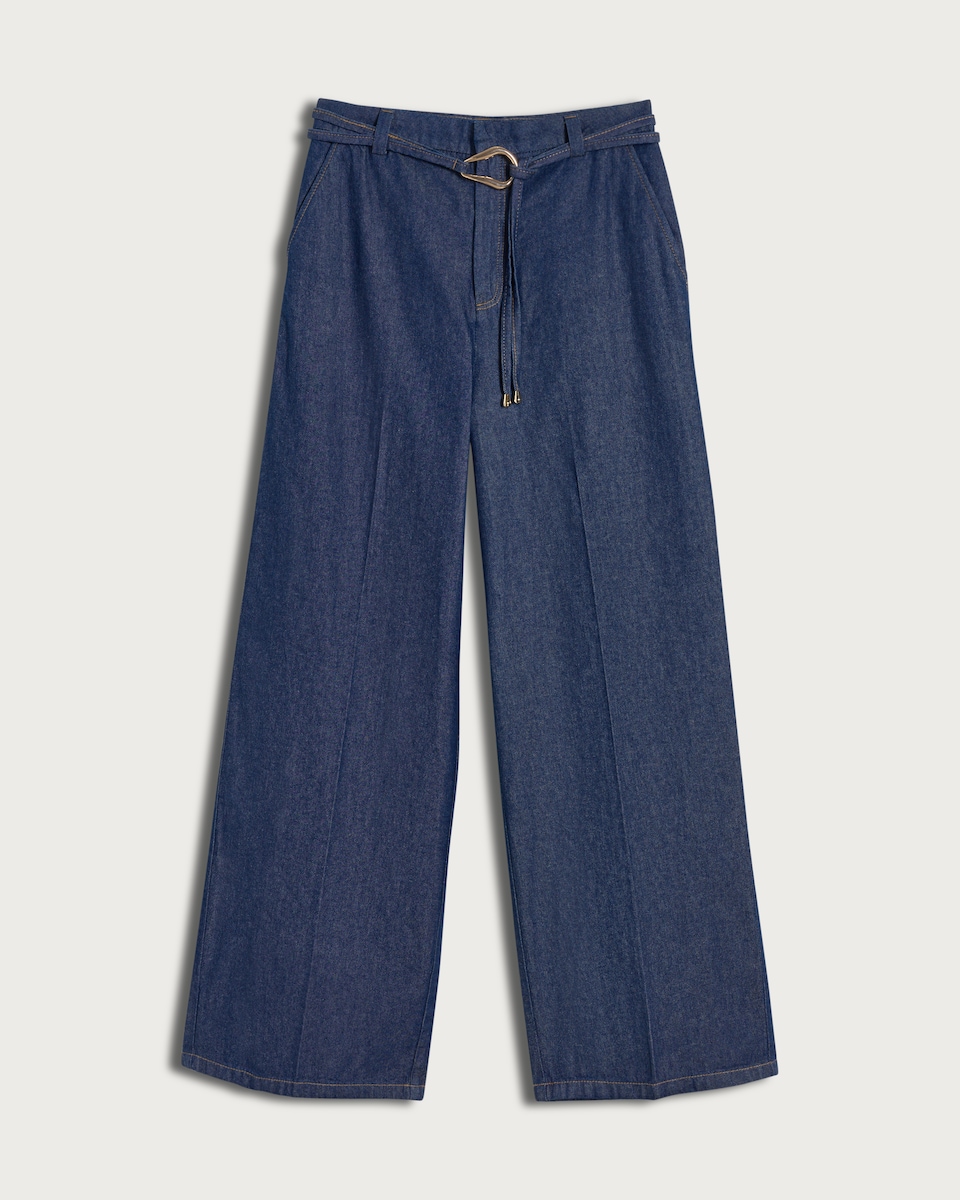 image 1 of F&F Wide Leg Belted Jeans in Navy