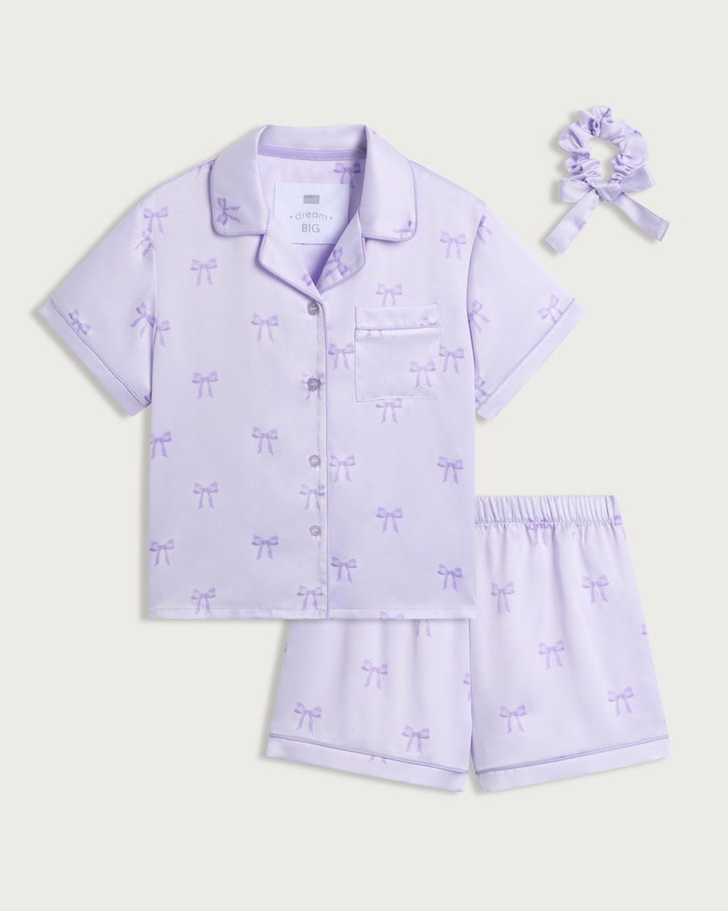 F&F Girls 3-Piece Satin Bow Print Pyjama Set with Scrunchie in Lilac