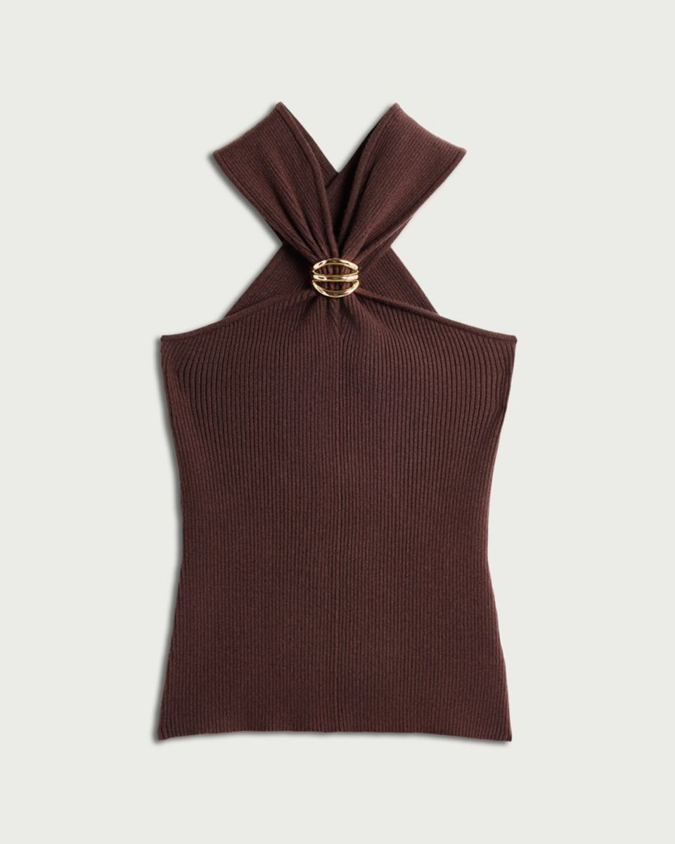 image 1 of The F&F Edit Ribbed Halter Neck Cross Over Top in Chocolate
