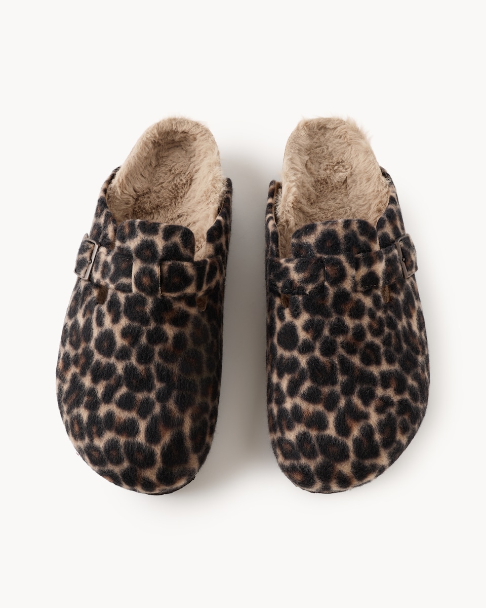 image 1 of F&F Faux Fur Lined Leopard Print Footbed Slippers in Brown