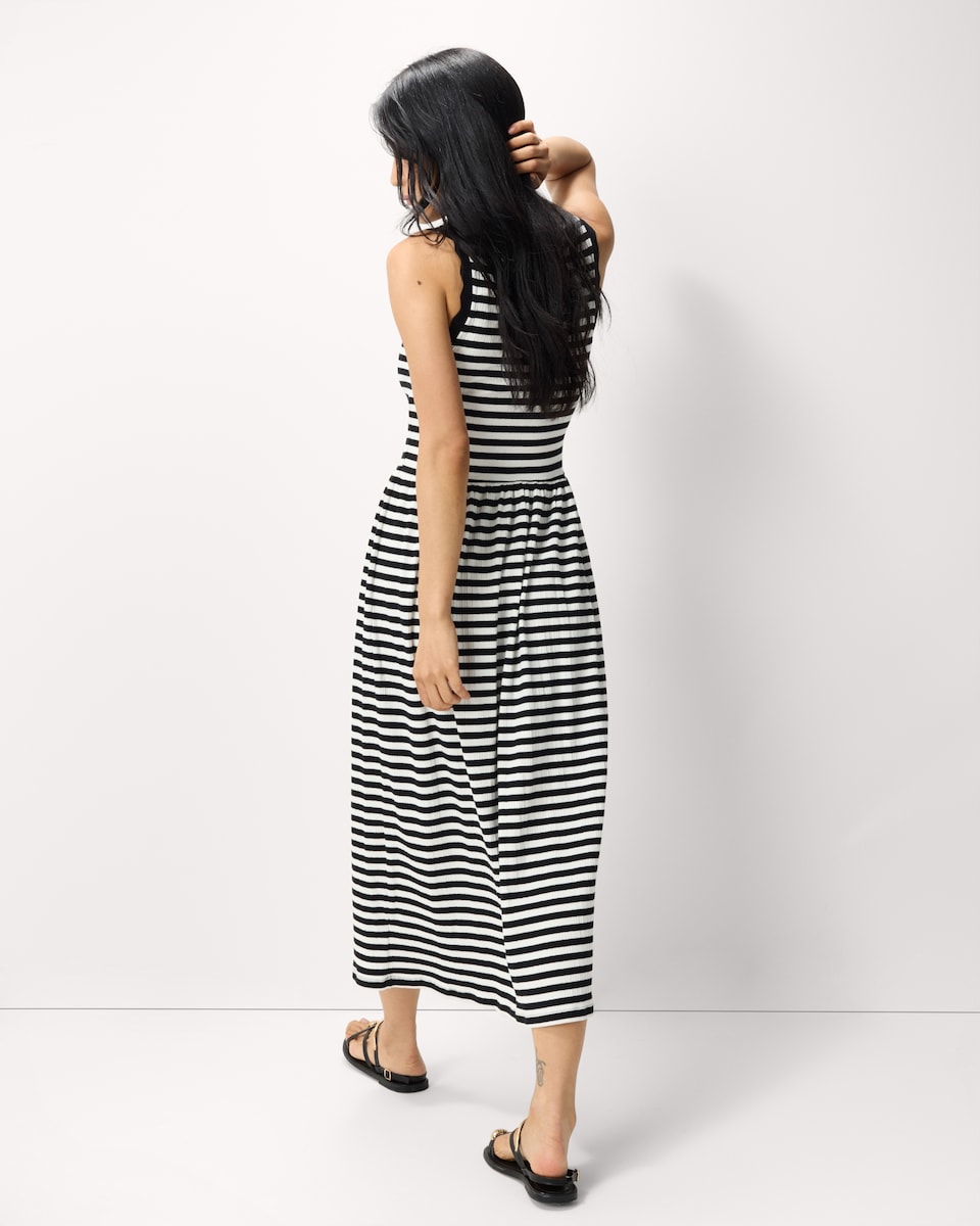 image 1 of F&F Cotton Rich Striped Scallop Edge Sleeveless Dress in Multi Black White