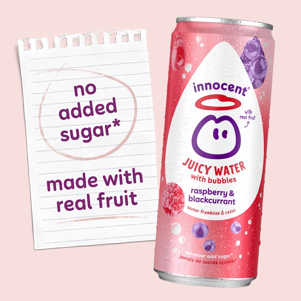 image 1 of Innocent Juicy Water with Bubbles Raspberry & Blackcurrant Juice Drink 330ml