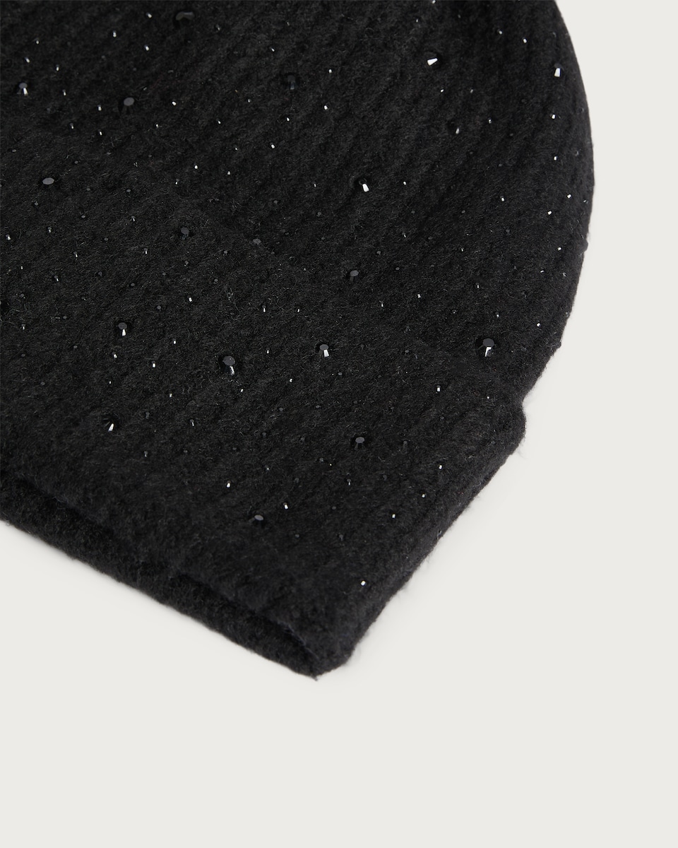 image 1 of F&F Knitted Embellished Pom Pom Beanie Hat in Black
